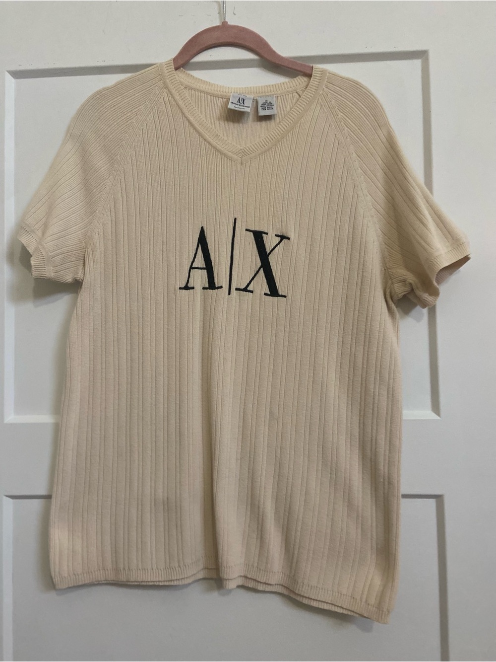 Armani Exchange Vintage Cream Ribbed V-Neck Short Sleeve sweater+ Black A|X